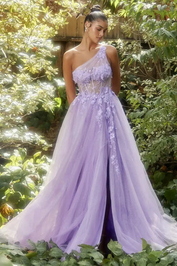 One Shoulder Tulle A-line Prom Dress with Lace Applique, Floor-Length, High Side Split, Elegant Wedding Dress Purple