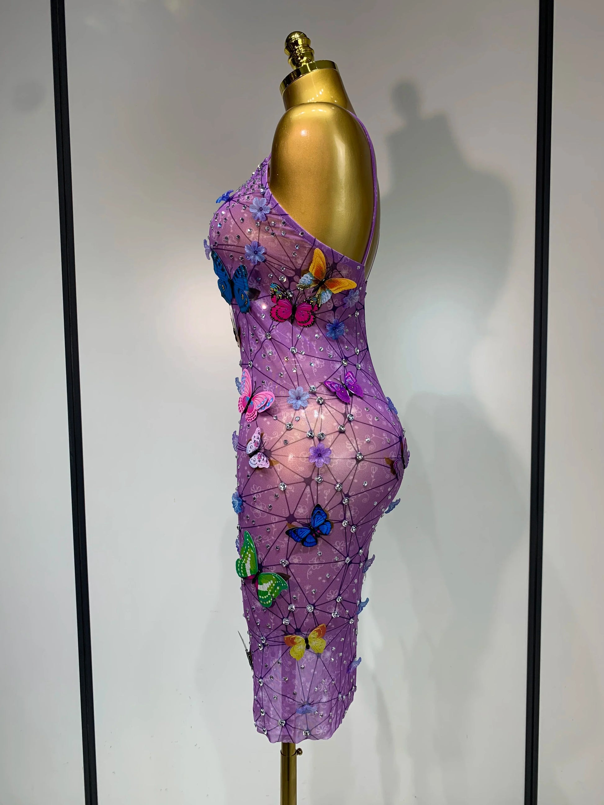 Sparkly Women Sexy Mesh See Through Dress New Arrival Butterfly Purple Celebrity Luxury Birthday Nightclub Stage Outfit
