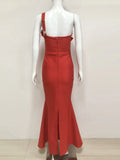Sexy Backless Flower Women Evening Bandage Maxi Dress Folds V-Neck One shoulder Elegant Mermaid Matching Banquet Prom Bodycon