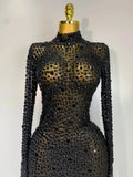 Sparkly Luxury Rhinstones Long Sleeve Elegant Party Dress Women Performance Stage Outfit Evening Birthday Prom Gown