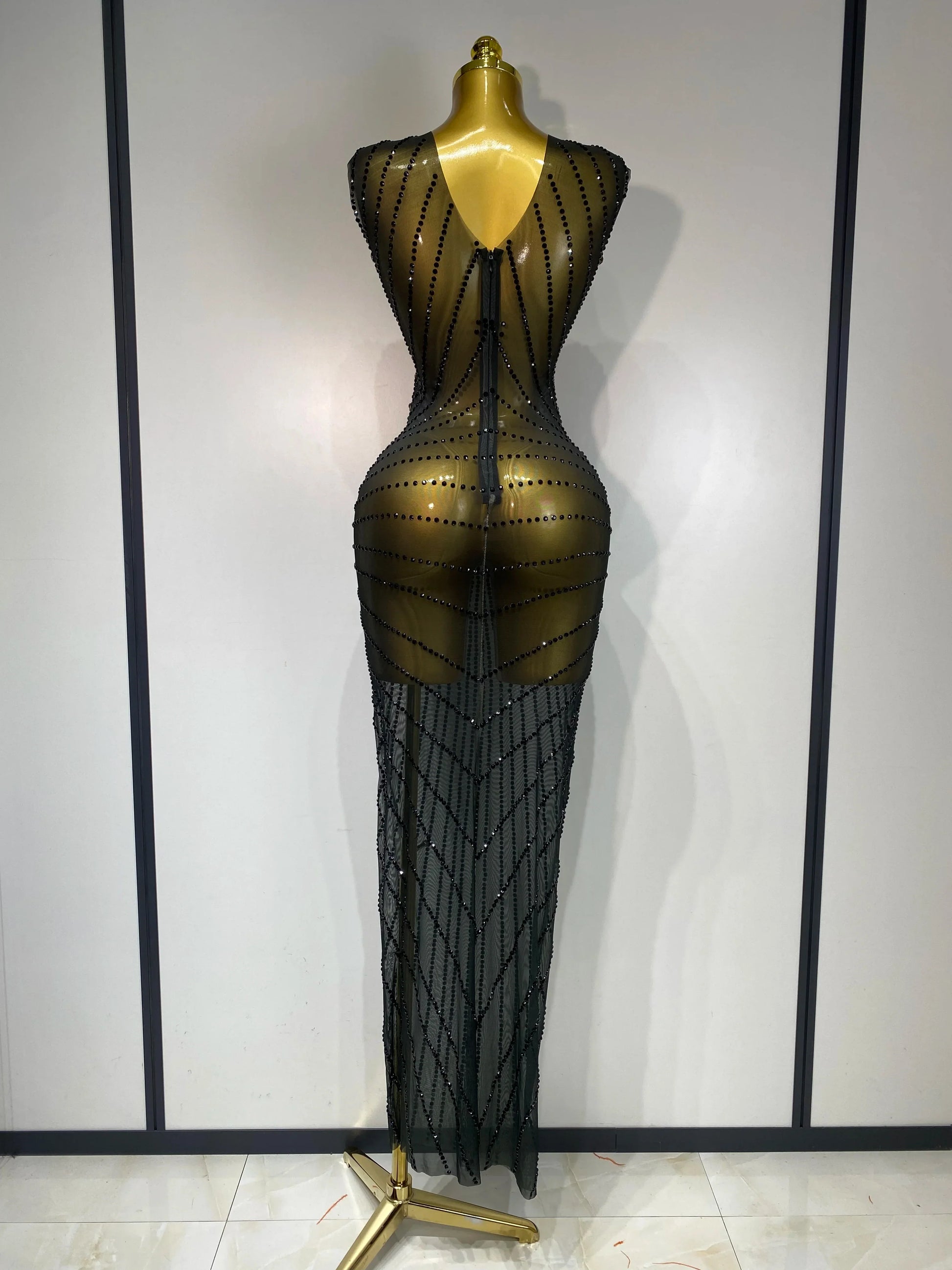 Women Sexy Sparkly Rhinestones Sleeveless Long Dress Club Birthday Celebrate Evening Photo Shoot Stage Performance Costume