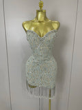 Luxury Sparkle Diamond Tassel Halter Cocktail Dress Women Elegant Evening Formal Gowns Wedding Party Dresses Stage Costumes MULTI