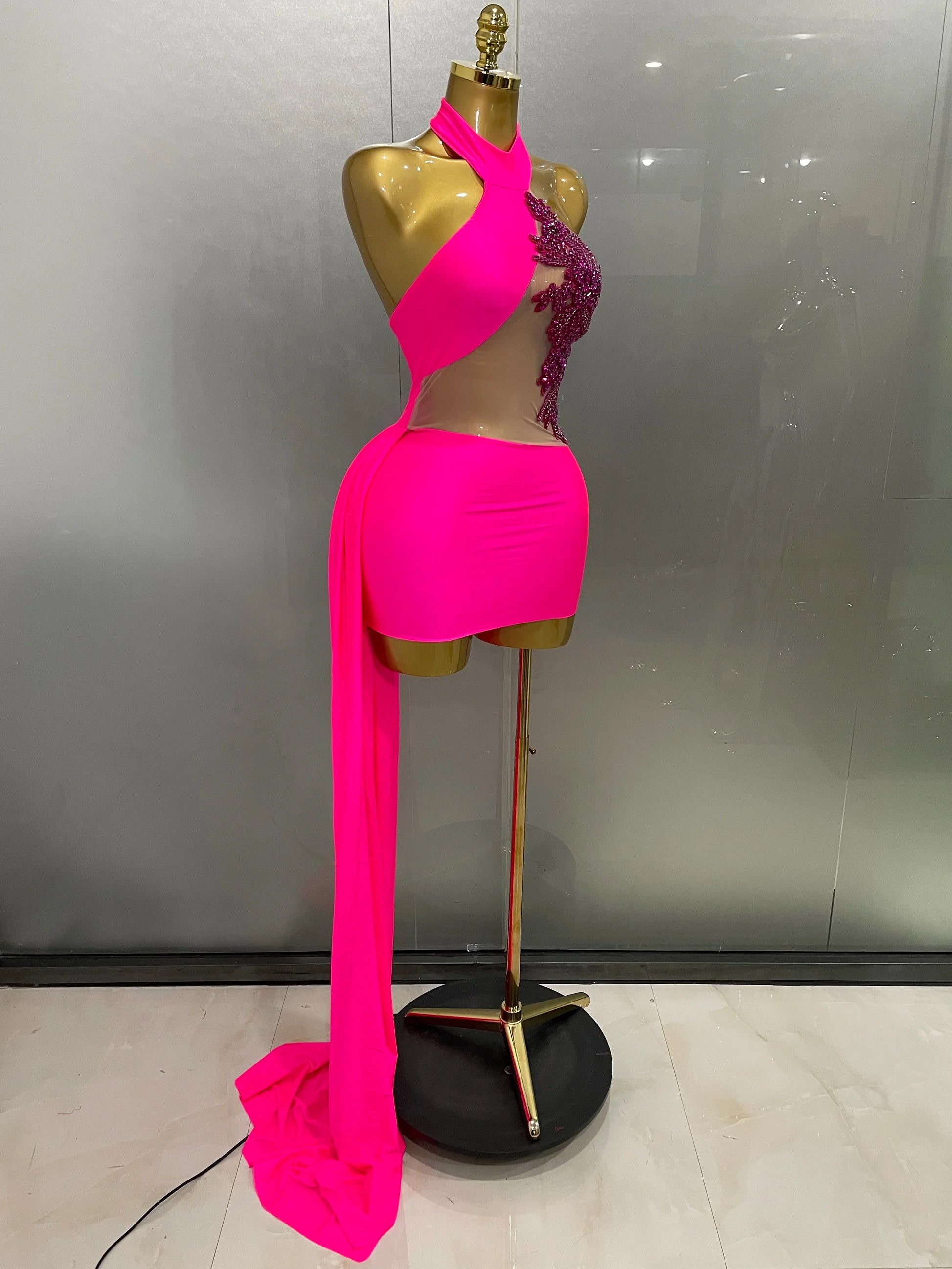 Sexy Sparkly Beaded Mesh See-Through Backless Cocktail Short Dress Women Evening Prom Celebrate Birthday Party Stage Costume