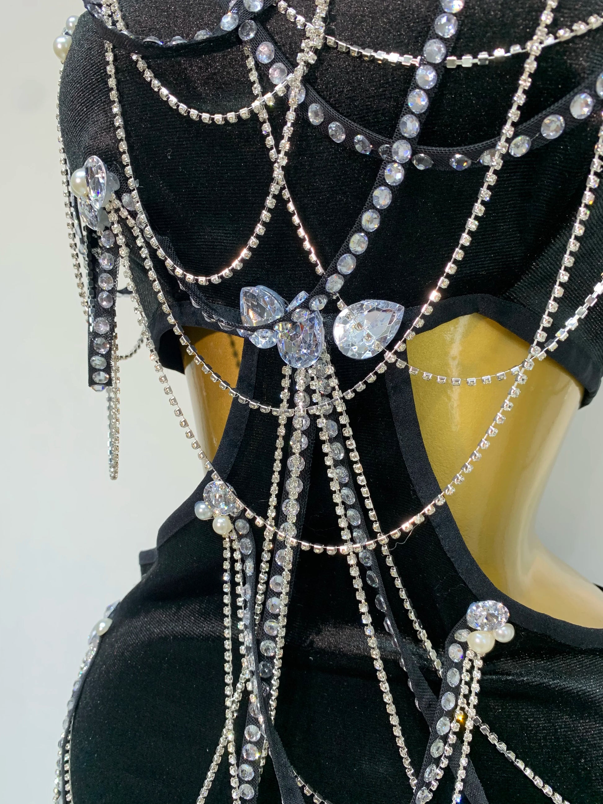 Women Sparkly Diamonds Tassels Chain Sexy Halter Backless Long Dress Evening Party Birthday Celebrate Celebrity Stage Costume