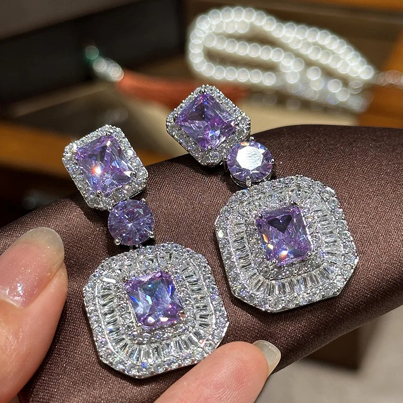 High Quality Purple AAA Zircon Bridal Earrings Cubic Zirconia Wedding Earring For Women Bride Accessories Party Dinner Jewelry A