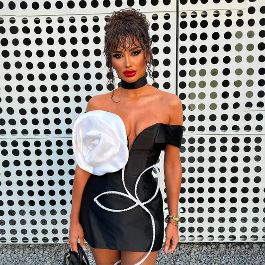 Black Color Women Sexy Off the Shoulder Big Florals Bodycon Mini Bandage Dress Fashion Celebrate Nightclub Party Outfit Vestido black