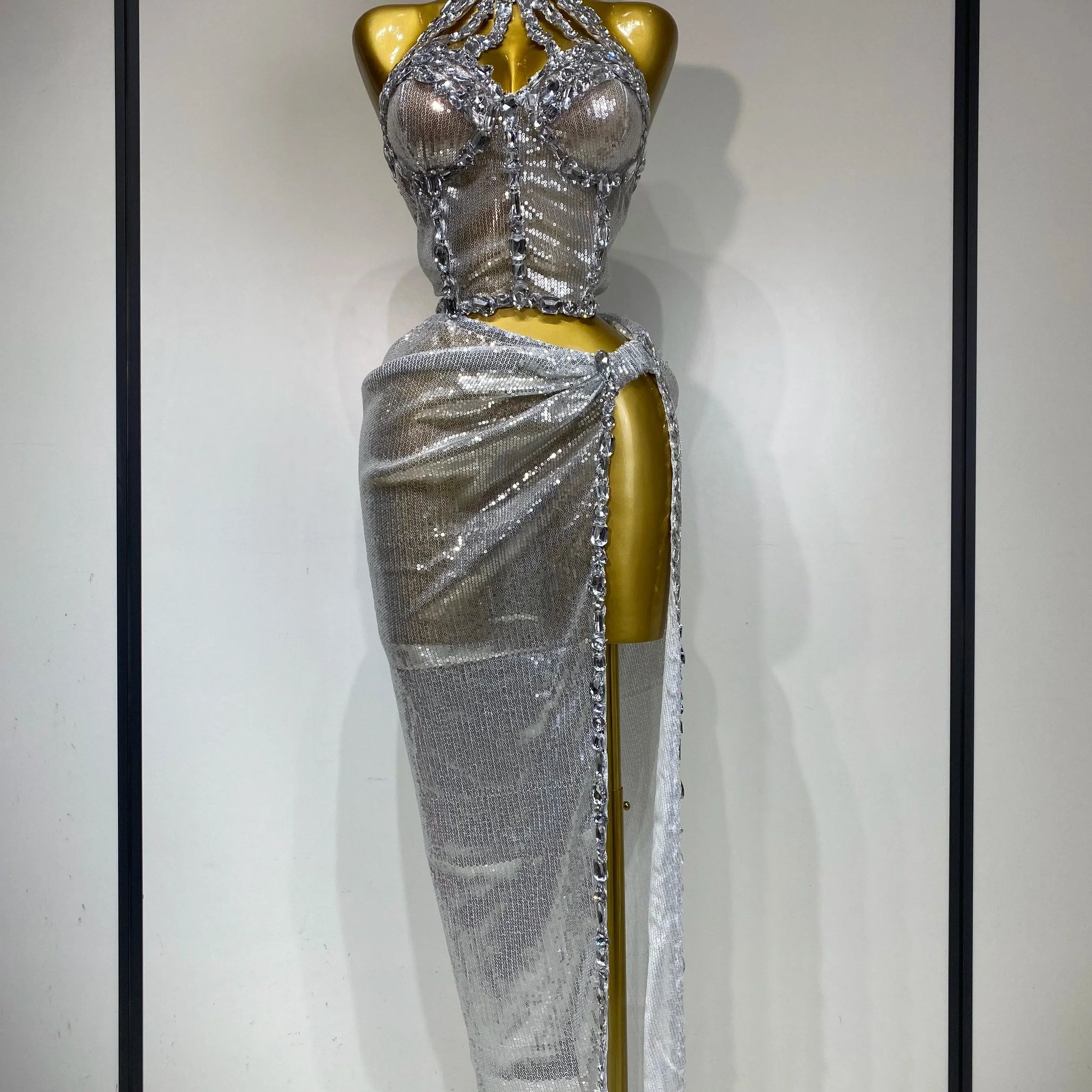 Women Sparkly Silver Rhinestones Top Long Skirt Two Pieces Set Singer Dancer Performance Costume Nightclub Stage Wear Silver