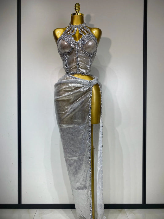 Women Sparkly Silver Rhinestones Top Long Skirt Two Pieces Set Singer Dancer Performance Costume Nightclub Stage Wear Silver