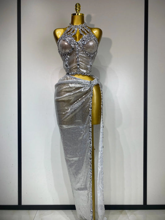 Women Sparkly Silver Rhinestones Top Long Skirt Two Pieces Set Singer Dancer Performance Costume Nightclub Stage Wear Silver