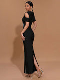 Elegant Women Light Luxury Hot Diamond Flower Design Bandage Dress O-Neck Shoulder Bodycon Long Dress Evening Party Vestido