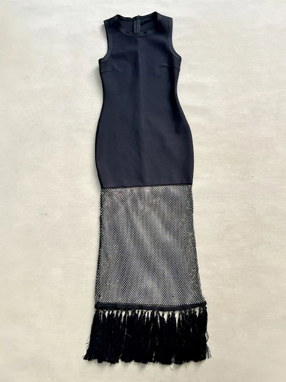 Black tassels Evening Party bandage Long Dresses Elegant Sleeveless Diamond Mesh Patchwork Maxi Dress Women Summer Vestidos