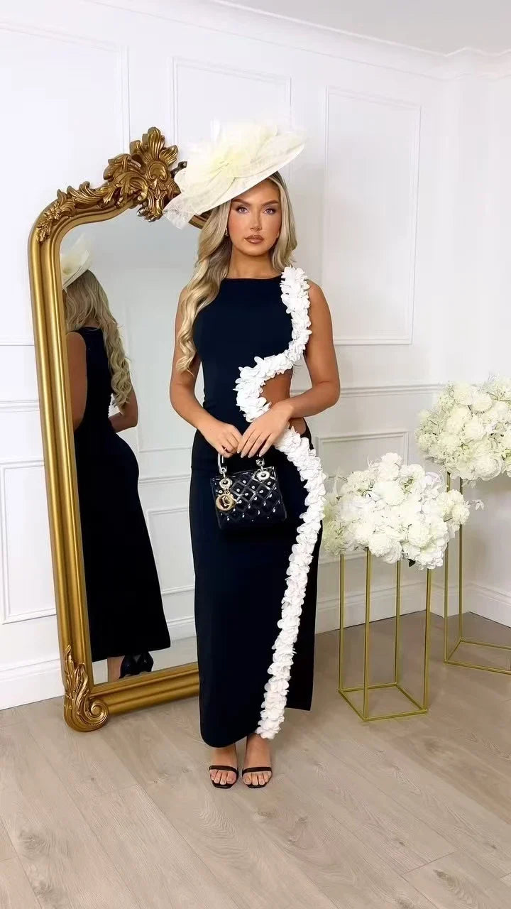 New Women Sleeveless Sexy Side Hollow Out Florals Bodycon Long Bandage Dress Celebrate Fashion Evening Party Cocktail Wear