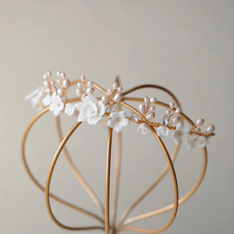 Gold Color Headband Freshwater Pearl Headpiece For Brides Porcelain Flower Hairband Wedding Accessories Bridal Hair Jewelry