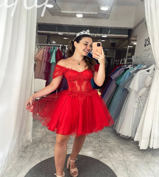 Fantasy Red Quinceanera Dresses 2 In 1 Lace A Line Short Vestidos De 15 Años Xv Sweet 16 Dress Corset Formal Birthday Customized