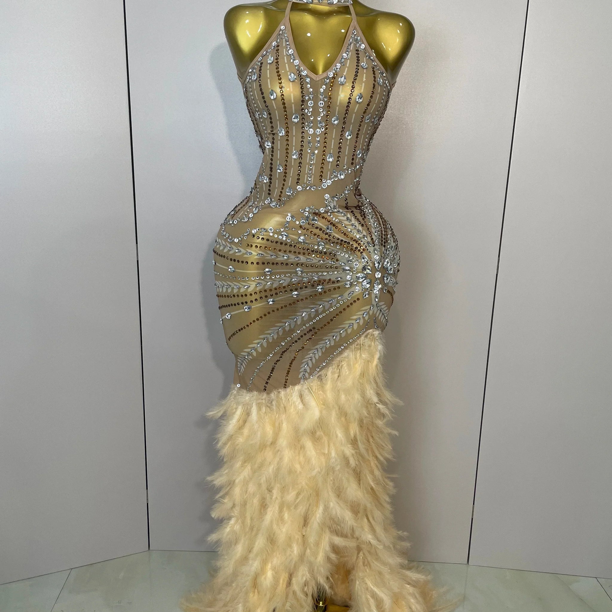 Sparkly Sexy Crystal Floor-Length Feathers Maxi Dress Elegant Evening Party Birthday Performance Prom Dance Stage Costume Dark Brown