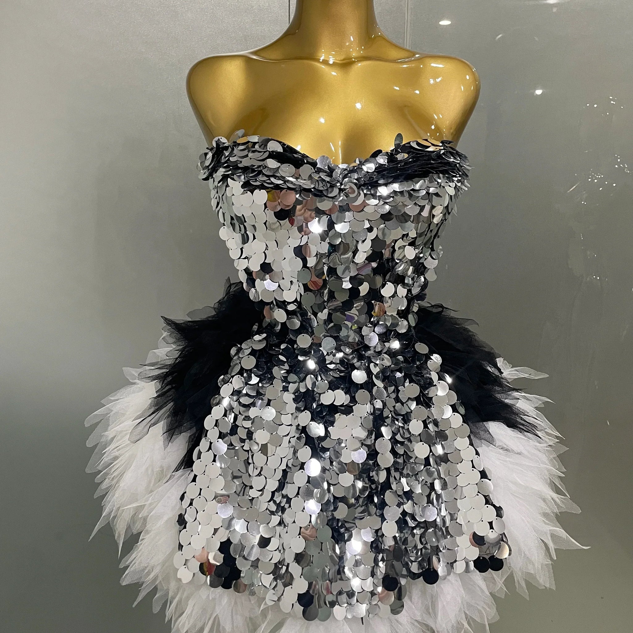Stage Costume Women's Sparkly Sequin Mesh A Line Top Skirt 2 Pieces Set Nightclub Party Birthday Dress Photo Shoot Wear black