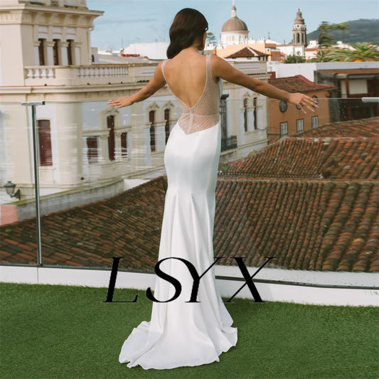 Lsyx vestido de noiva sem mangas, ilusão, decote em v profundo, strass, crepe, sereia, com zíper, comprimento até o chão