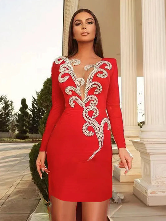 Elegant Women's Light Luxury Nail Diamond Design Bandage Dress O-Neck Long Sleeve Bodycon Mini Dress Evening Party Vestidos