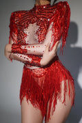 Sparkly Rhinestone Sequin Tassel Stretch Bodysuits Women Birthday Party Nightclub Dj Stage Performance Costume