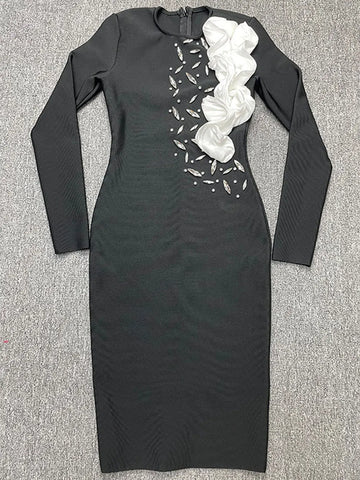 2024 Elegant Women's Knee-Length Patchwork Bodycon Dress O-Neck Long Sleeve Brocade Fabric black