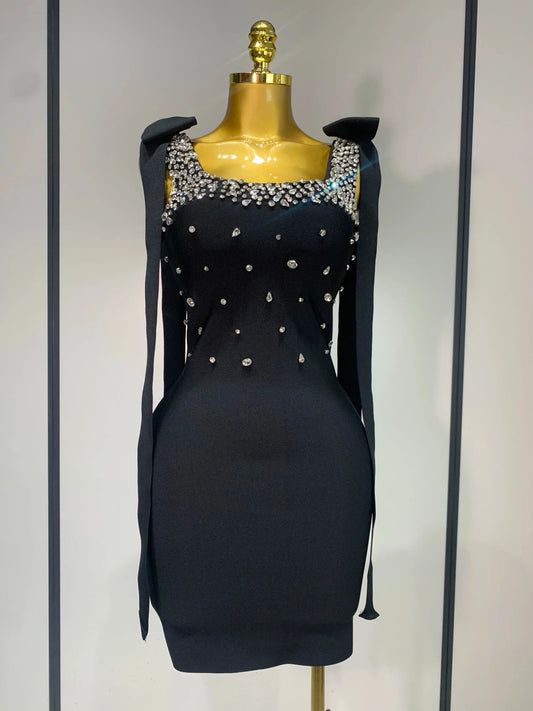 Women Celebrity Sexy Sparly Diamonds Black Mini Bodycon Bandage Dress Elegant Evening Party Luxury Birthday Dresses black
