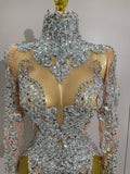 Luxury Sparkly Sequins Stretch Long Sleeve Mesh Mini Dress Women Birthday Party Nightclub Dancer Stage Performance Costume