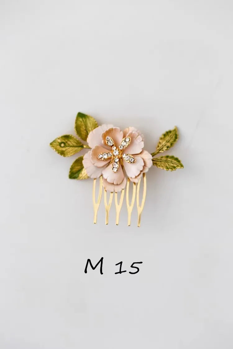 Flower Hair Comb Pin Clip Leaf Head Piece For Brides Bridesmaids Gold Color Hairpins Bridal Jewelry Wedding Accessories M15