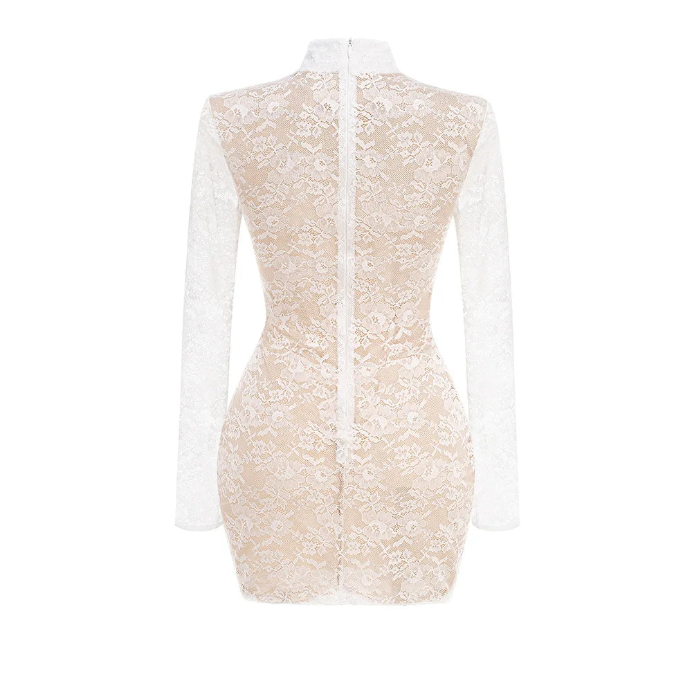 Spring Women Long Sleeve Sexy Lace Bodycon Mini Dress Elegant Evening Party Runway Fashion Birthday Cocktail Outfit