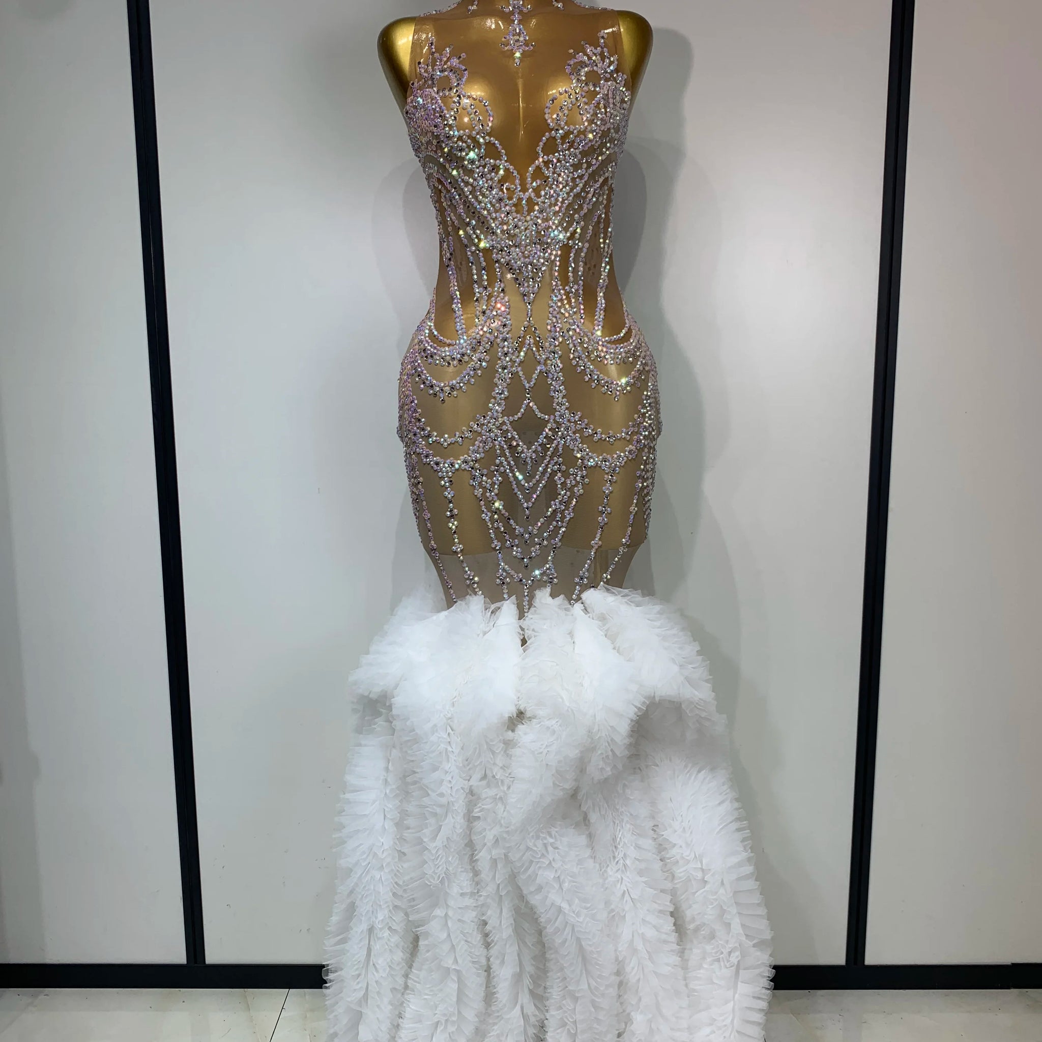 High Quality Women Sparkly Rhinestone Mesh Sleeveless Bodycon Long Dress Wedding Guest Gowns Luxury Birthday Evening Party Dress WHITE