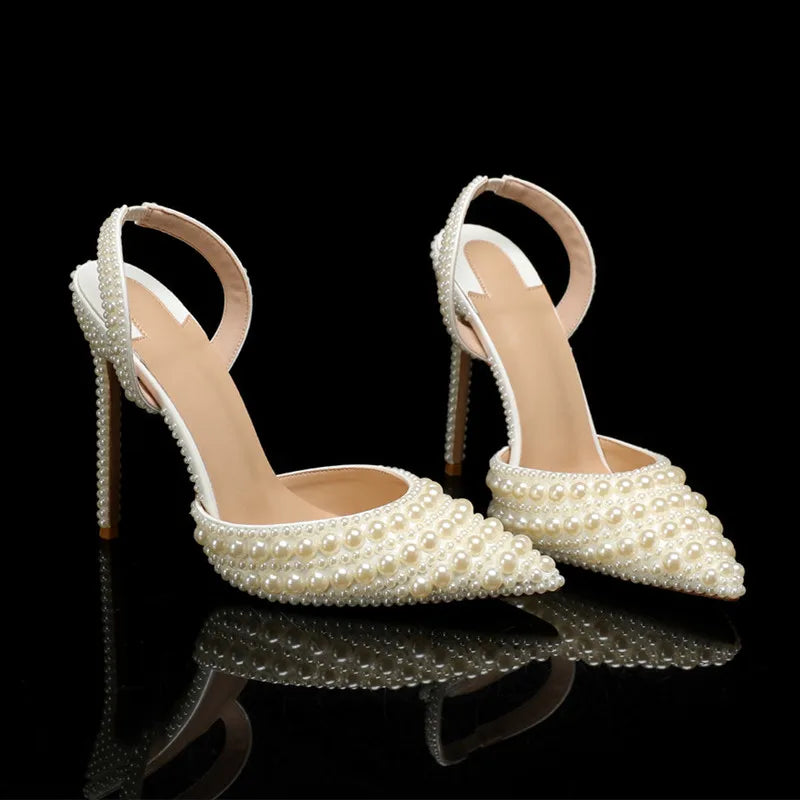 Luxury Handmade Full Pearls Wedding Women Pumps Elegant Pointed toe Slingbacks high heels Fashion Summer Party Bridal Shoes