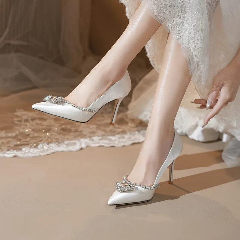Luxury Rhinestones Satin Women Pumps Spring Summer Fashion Pointed toe Office Lady High heels Female Wedding Bridal Dress Shoes