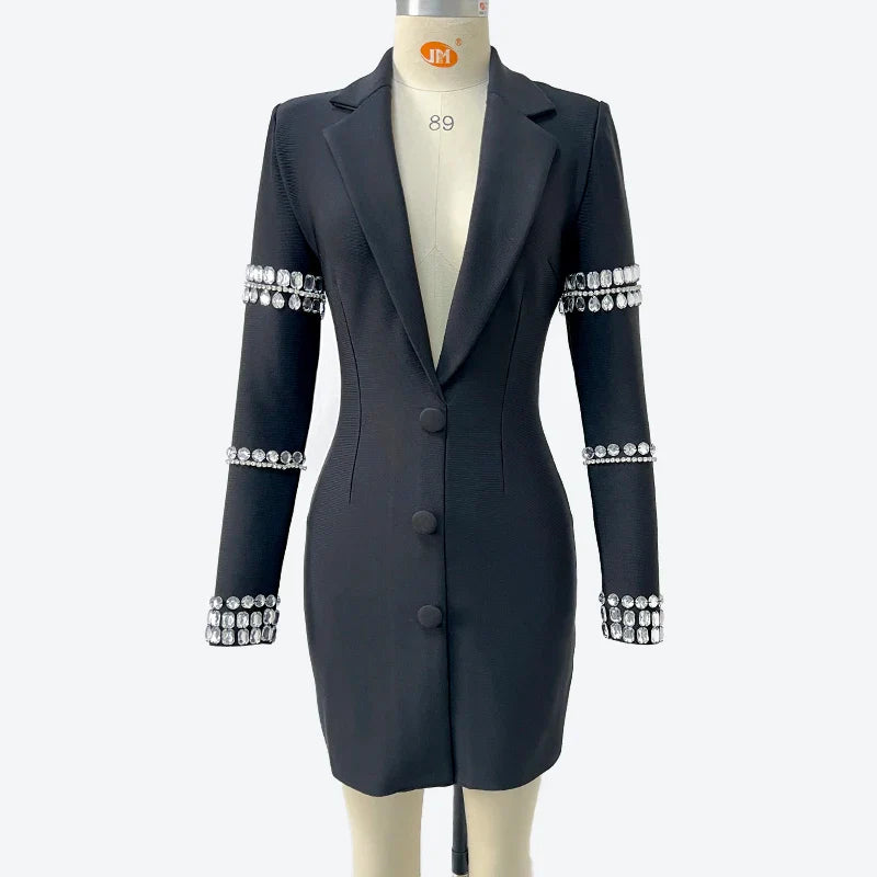 Fashion Black Color Women Long Sleeve Sexy V-Neck Bodycon Mini Bandage Dress Crystal Fashion Nightclub Party Outfit