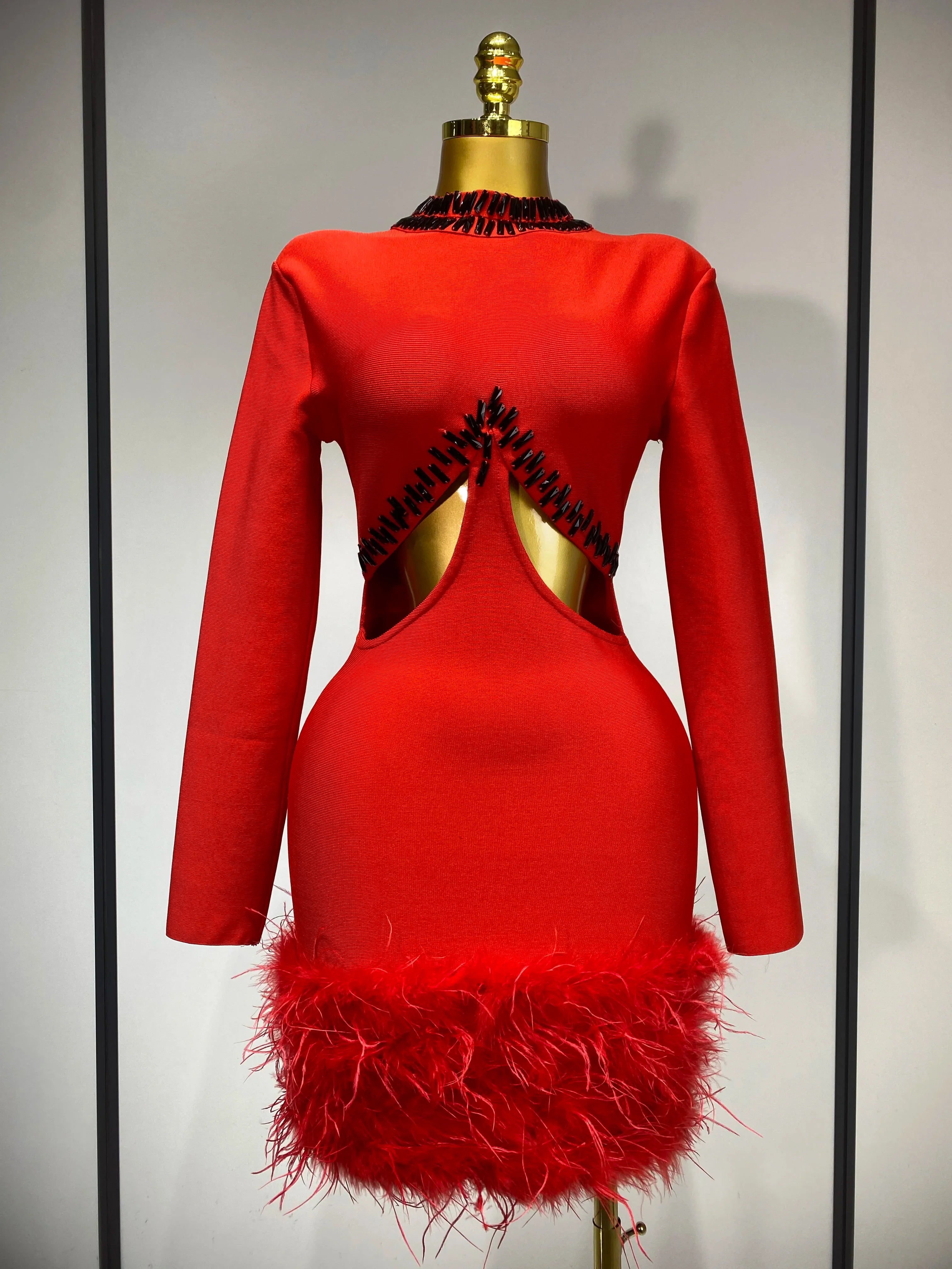Women Sexy Cut Out Long Sleeve Beading Feather Red Mini Bandage Dress  Celebrity Elegant Evening Party Luxury Birthday Dresses
