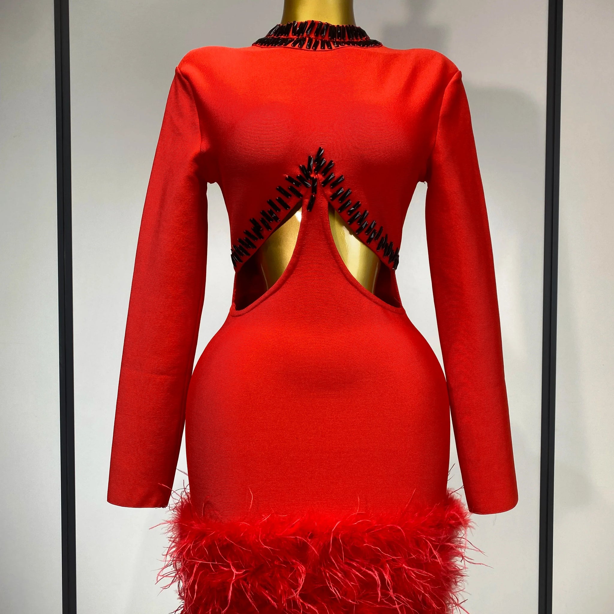 Women Sexy Cut Out Long Sleeve Beading Feather Red Mini Bandage Dress Celebrity Elegant Evening Party Luxury Birthday Dresses Red