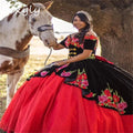 Mexican Black Quinceanera Dress Vestidos 15 Anos Plus Size Fluffy Ball Gown Flowers Prom Dress Sweet 16 Birthday Customized