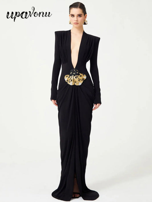 Sexy Women's Light Luxury Maxi Dress Deep V-neck Long Sleeve Three Dimensional Beaded sequin Design Bodycon and Floor Dress