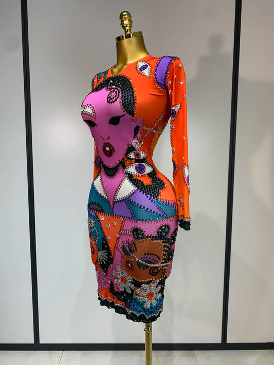 Women Sexy Long Sleeve Cartoon Print Short Dress Nightclub Performance Stage Costume Celebrity Evening Party Birthday Dress