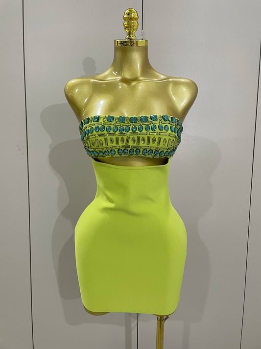 Luxury Sexy Strapless Sparkly Diamond Cut Out Bodycon Bandage Dress Women Celebrity Elegant Evening Party Birthday Outfit Light Green