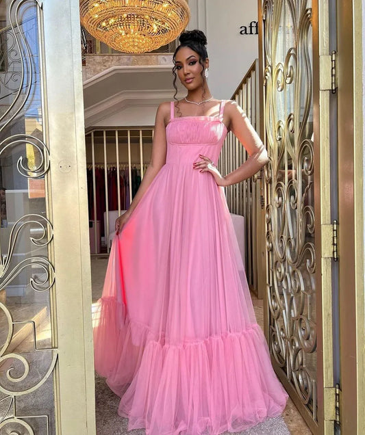 Hot Pink Prom Dresses Pleats Spaghetti strap Tiered Fairy Long Evening Gown Graduation Dress For Teen Party Gown