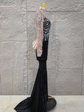 Women Long Sleeve Sexy Shinning Crystal Velvet Bodycon Floor-length Dress Celebrate Evening Party Birthday Cocktail Dress