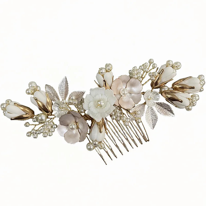 Vintage Gold Color Hair Combs Pin Clip Pearl Porcelain Flower Head Pieces For Brides Hairpins Wedding Accessories Bridal Jewelry