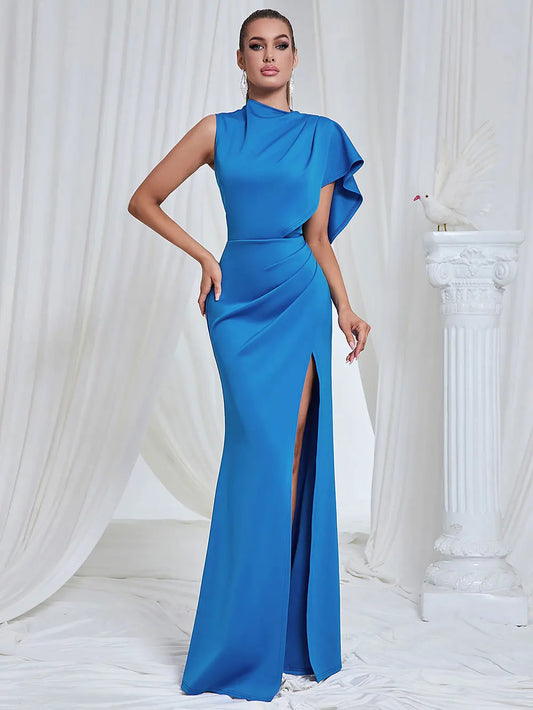 Elegant Women Maxi Dress O-neck Single Shoulder Sleeveless Bodycon Draped Split Body Long Dress Evening Club Party Vestidos