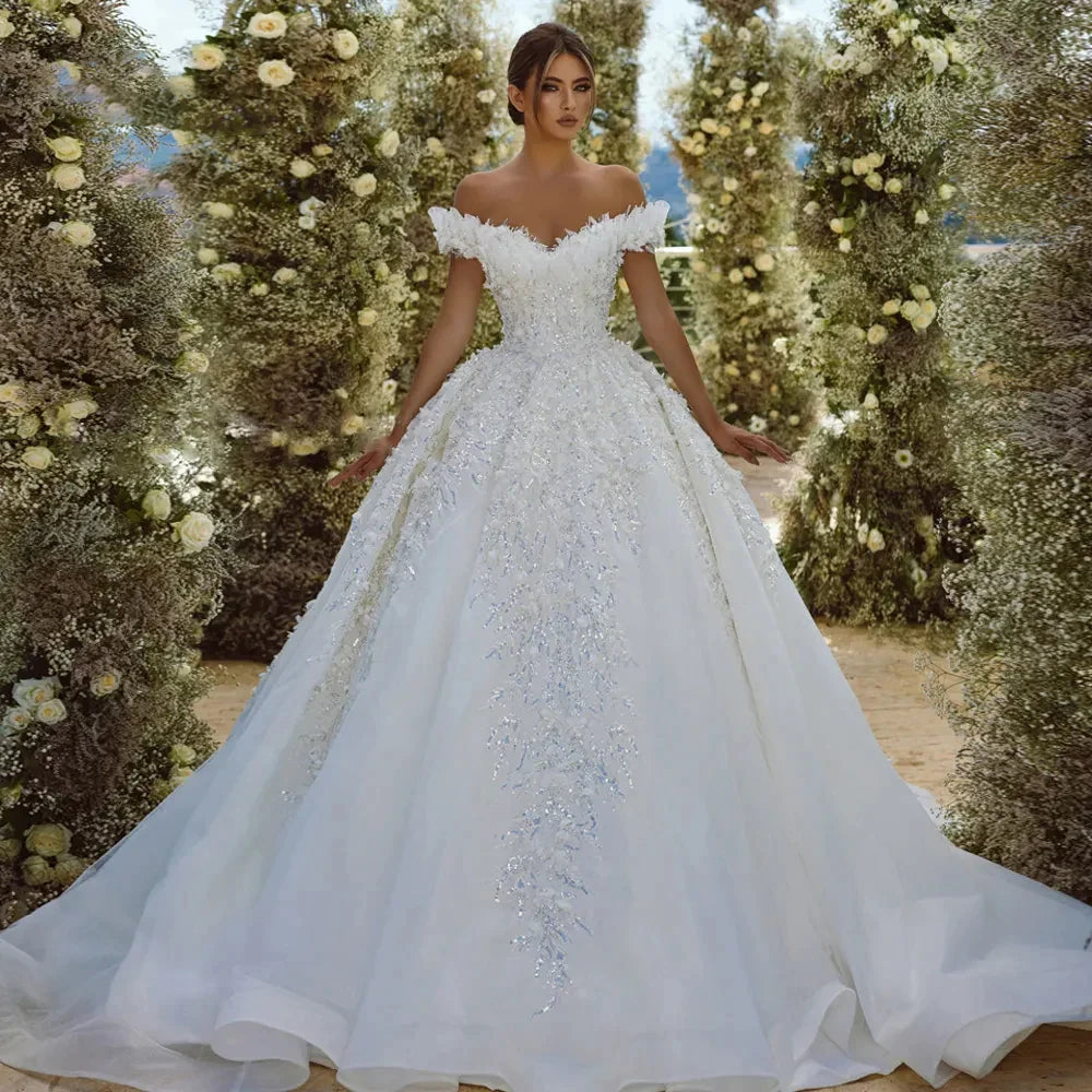 Ball Gown Princess Wedding Dresses Sweetheart Off The Shoulder Vestido De Novia Lace Sequined Shiny Robe De Mariee