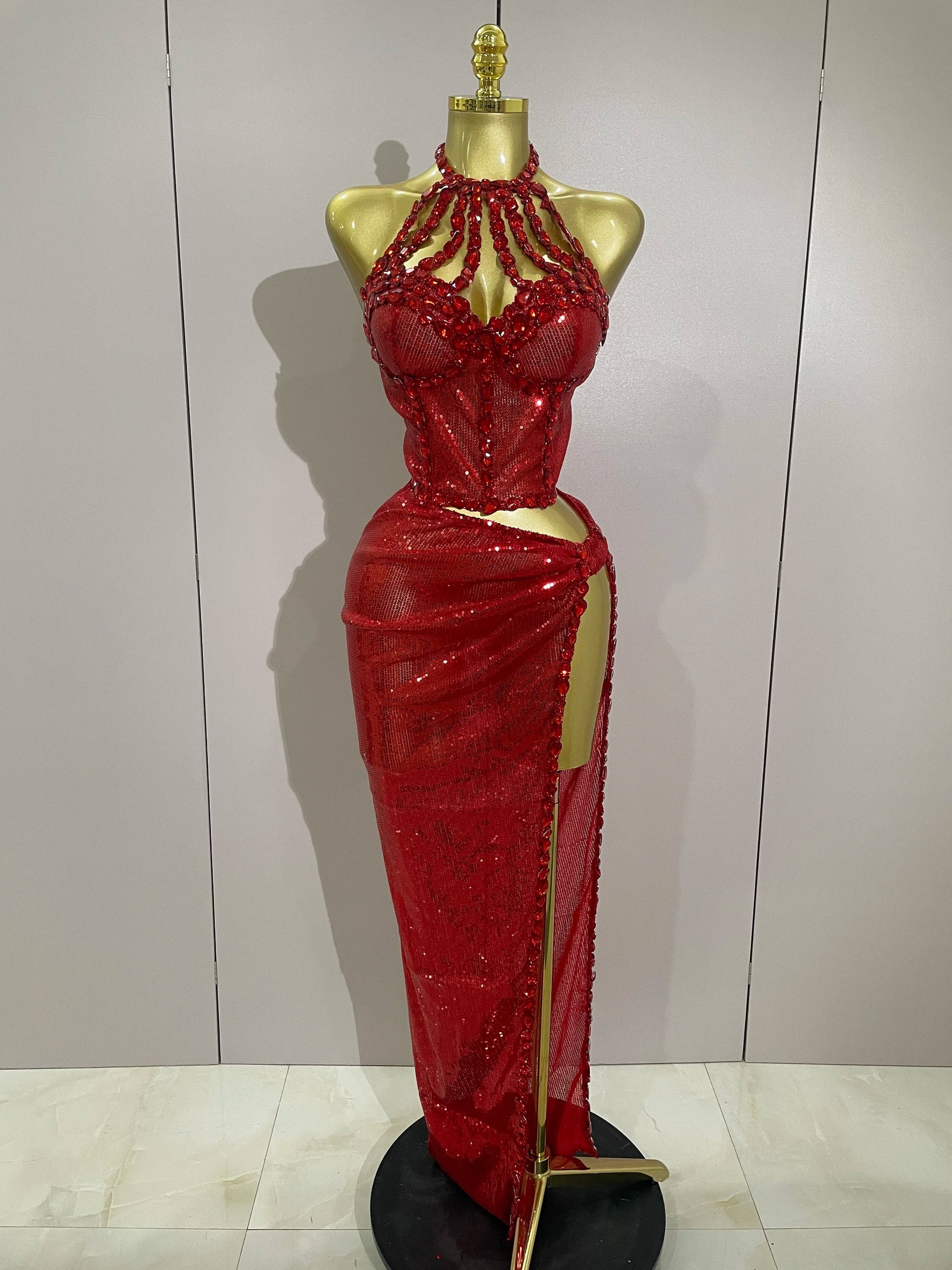 Sexy Luxury Shiny Diamond Sequins Cocktail Dress 2Pcs Set Women Evening Celebrate Birthday Party Nightclub Stage costume Red