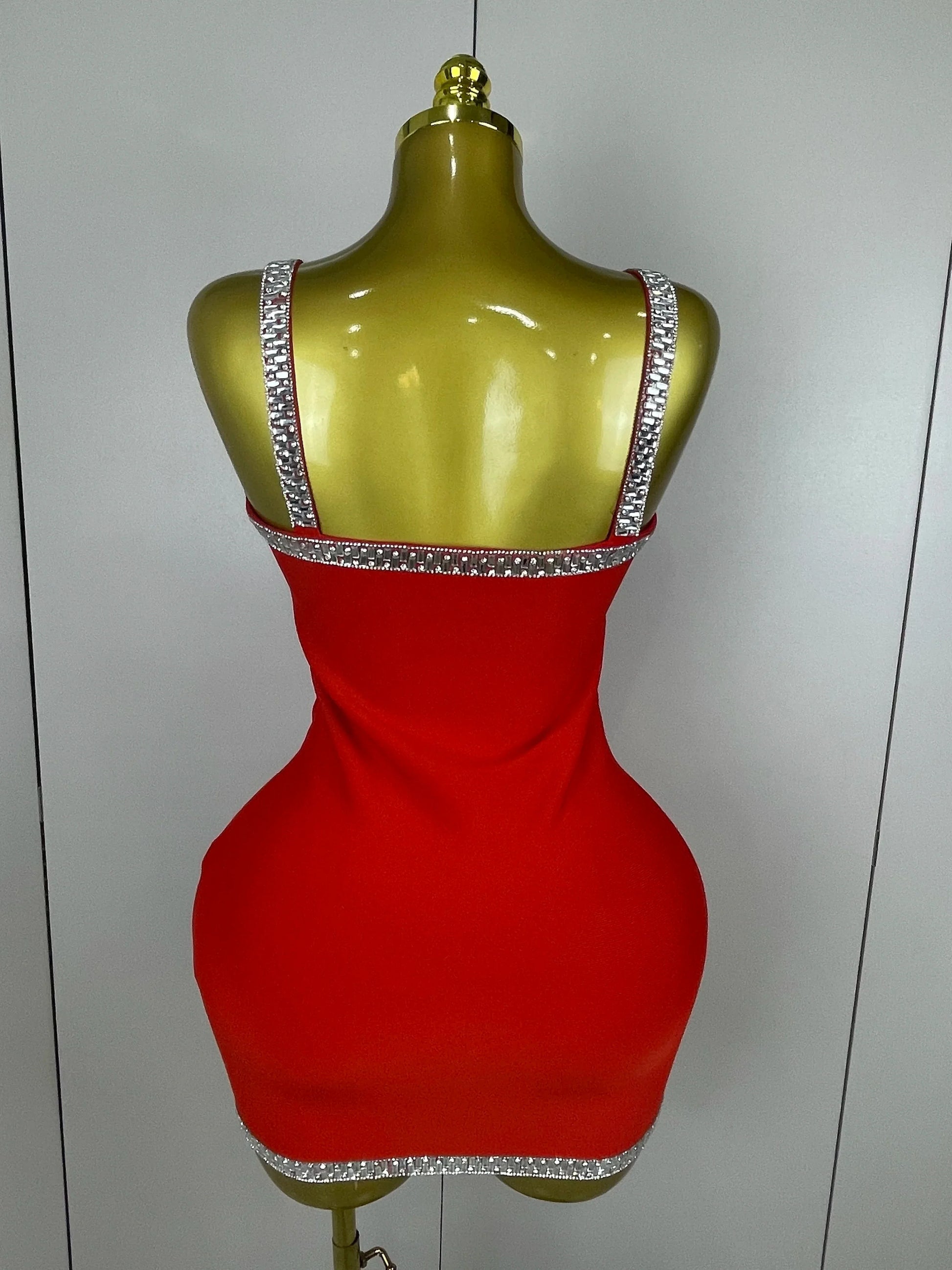 Women Celebrity Luxury Sexy Summer Square Collar Red Crystal Mini Bandage Dress Knitted Elegant Evening Club Party Outfit