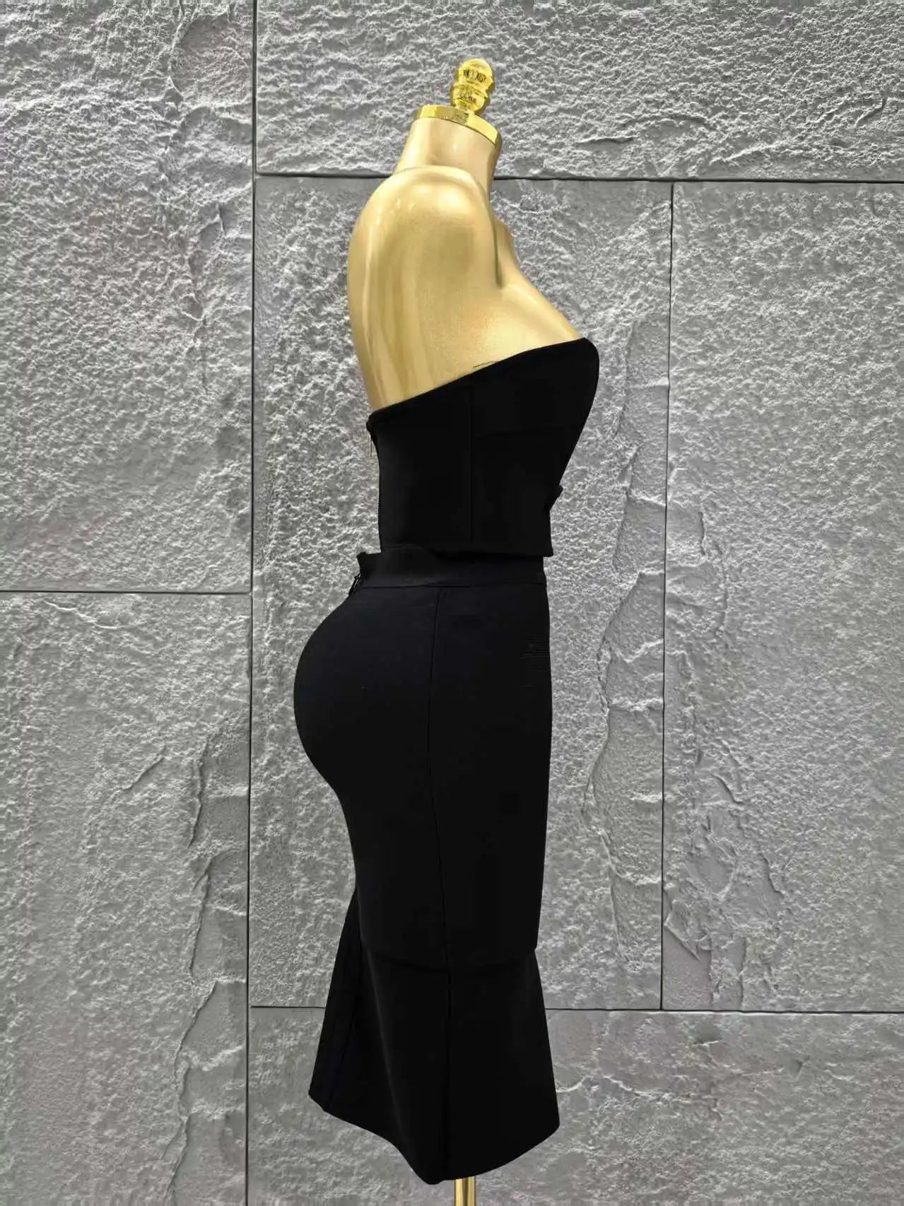 Women Sexy Strapless 2 Pieces Bodycon Rayon Bandage Midi Dress Nightclub Party Fashion Birthday Dress