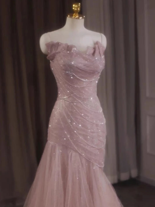 Rose Pink Mermaid aftonklänningar Pleat Asymmetry Chain Shiny Sequined Long Slim Fairy French Celebrity Prom Party klänningar Kvinna