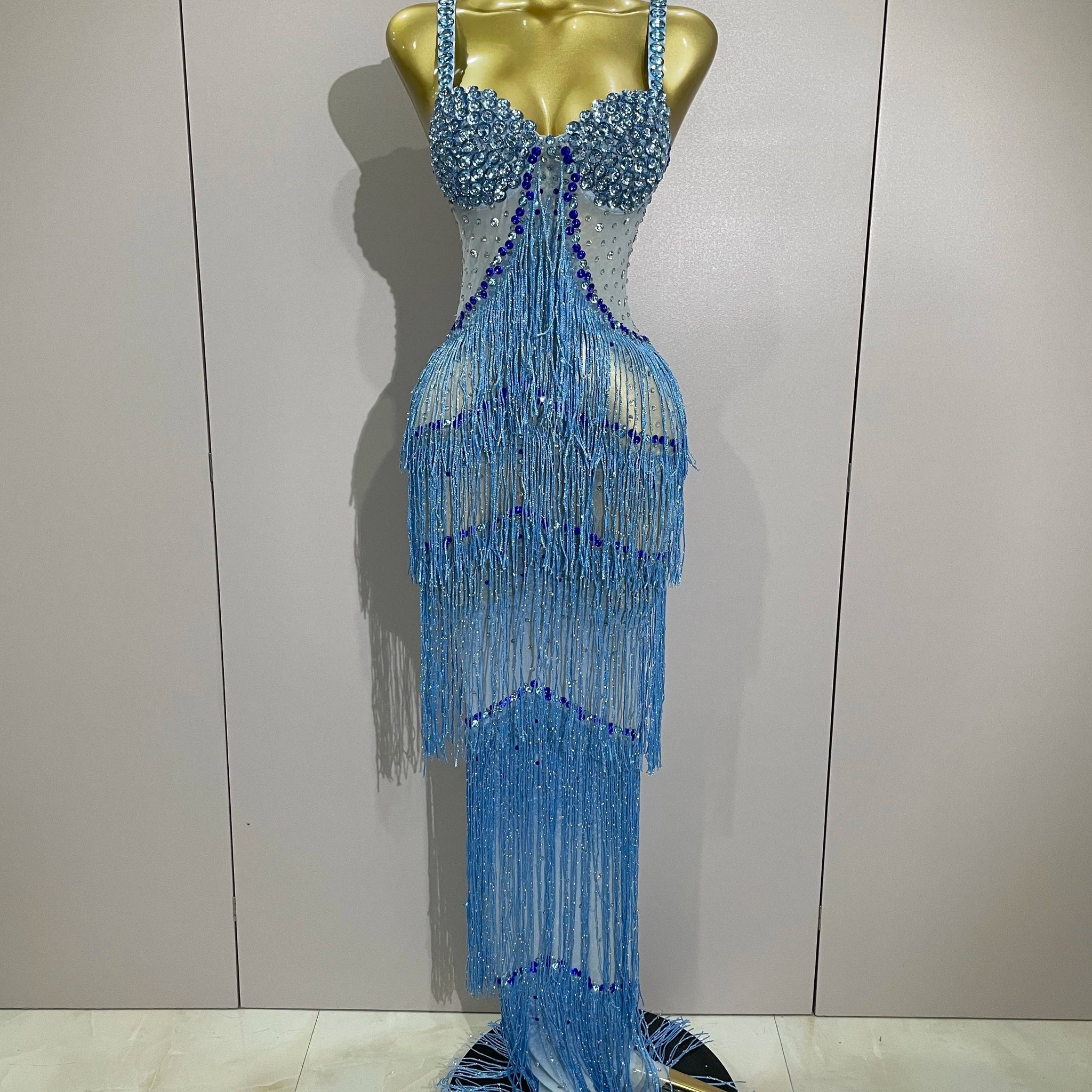 Sparkly Rhinestones Tassel sexy Mesh Slip Long Dress Women Celebrate Evening Prom Birthday paty Dress Photoshoot Stage Wear Blue