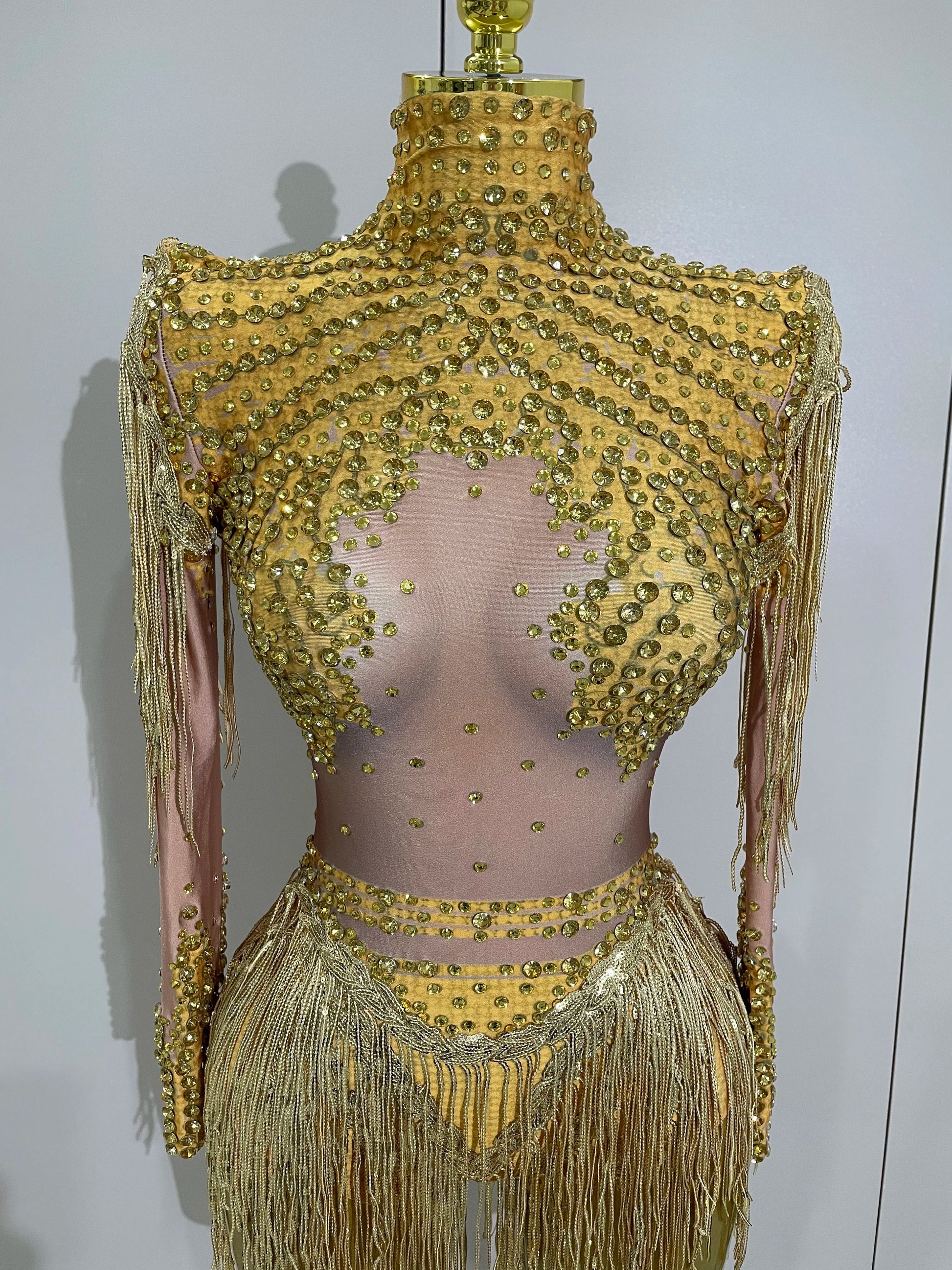 Sparkly Rhinestone Sequin Tassel Stretch Bodysuits Women Birthday Party Nightclub Dj Stage Performance Costume