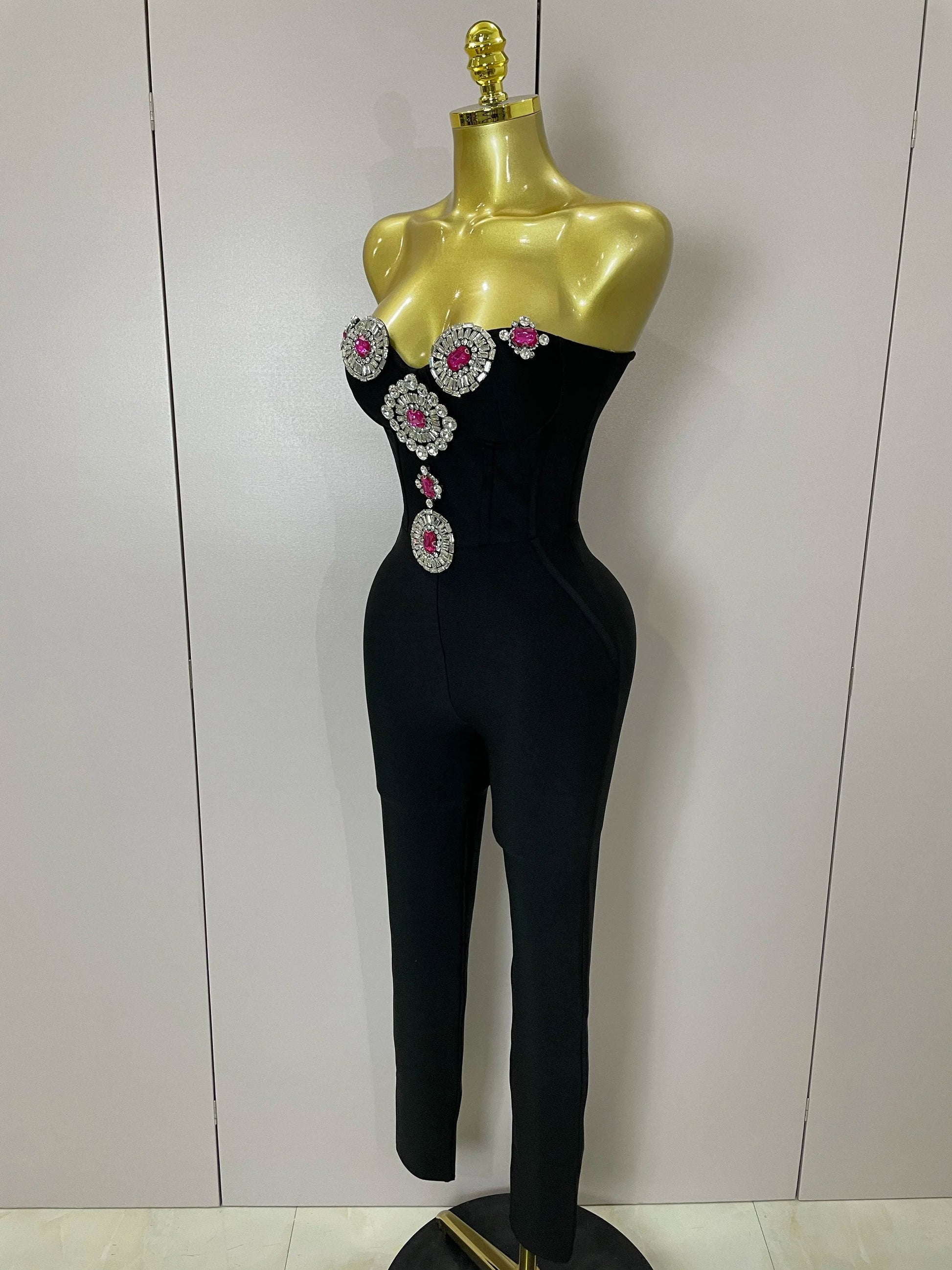 Luxury Sexy Strapless Backless Crystal Diamonds Black Bodycon Bandage Jumpsuit Women Celebrity Designer High Street Rompers
